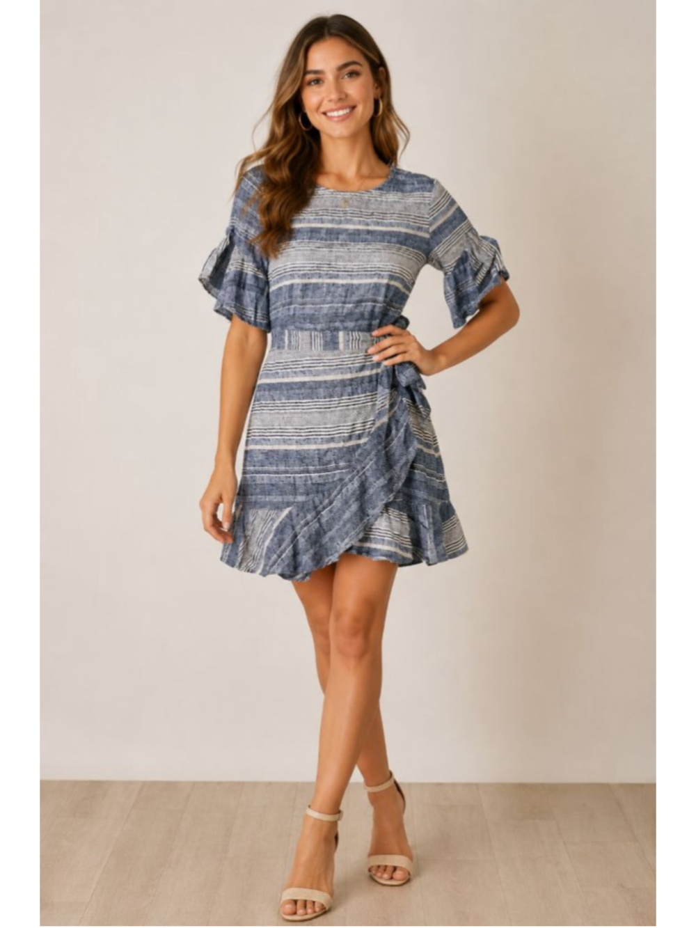 Express Women's Blue & White Striped Wrap Dress Size XS Cotton/Linen Boho
